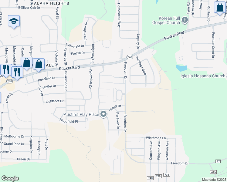map of restaurants, bars, coffee shops, grocery stores, and more near 24 Courtyard Way in Enterprise
