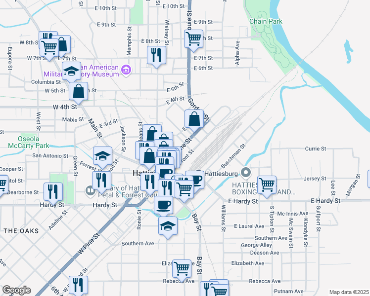 map of restaurants, bars, coffee shops, grocery stores, and more near 319 East Pine Street in Hattiesburg