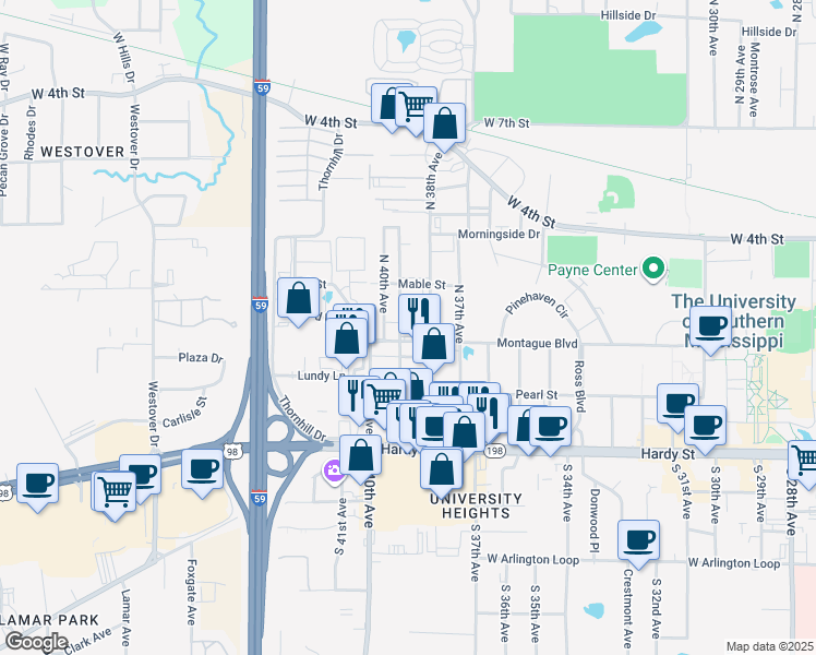 map of restaurants, bars, coffee shops, grocery stores, and more near 300 North 38th Avenue in Hattiesburg