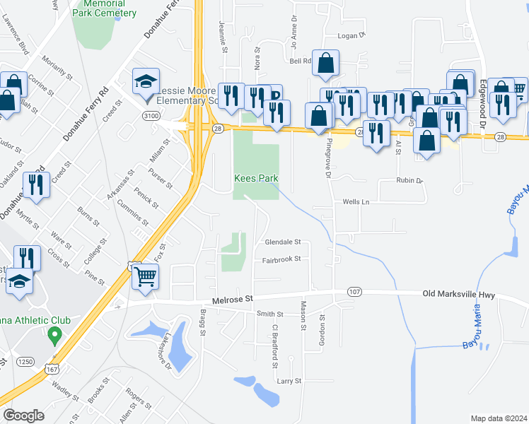 map of restaurants, bars, coffee shops, grocery stores, and more near 418 Forest Street in Pineville