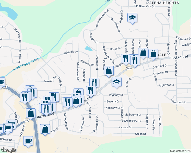 map of restaurants, bars, coffee shops, grocery stores, and more near 205 Choctaw Road in Enterprise