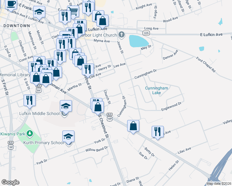 map of restaurants, bars, coffee shops, grocery stores, and more near 1115 Ross Avenue in Lufkin