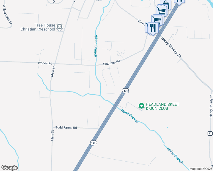 map of restaurants, bars, coffee shops, grocery stores, and more near 115 Riveredge Court in Headland