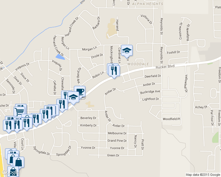 map of restaurants, bars, coffee shops, grocery stores, and more near 308 Antler Drive in Enterprise