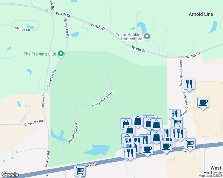 map of restaurants, bars, coffee shops, grocery stores, and more near 122 Wedgewood Trace in Hattiesburg