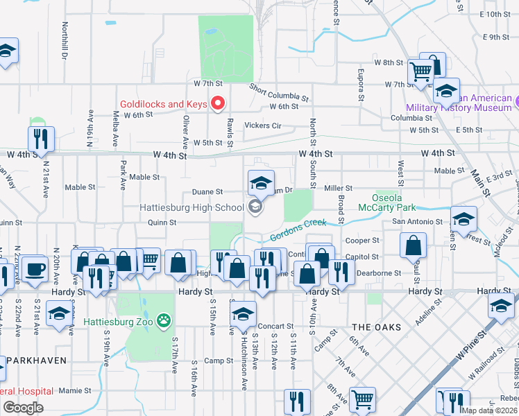 map of restaurants, bars, coffee shops, grocery stores, and more near 301 North Hutchinson Avenue in Hattiesburg