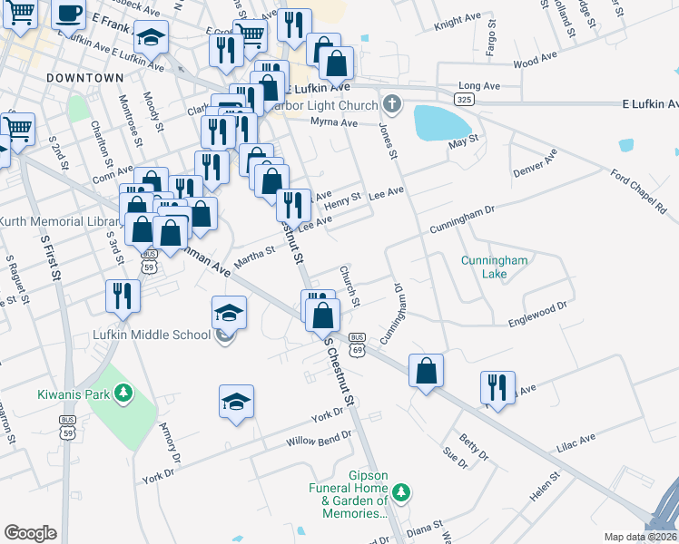 map of restaurants, bars, coffee shops, grocery stores, and more near 1016 Ralph Avenue in Lufkin