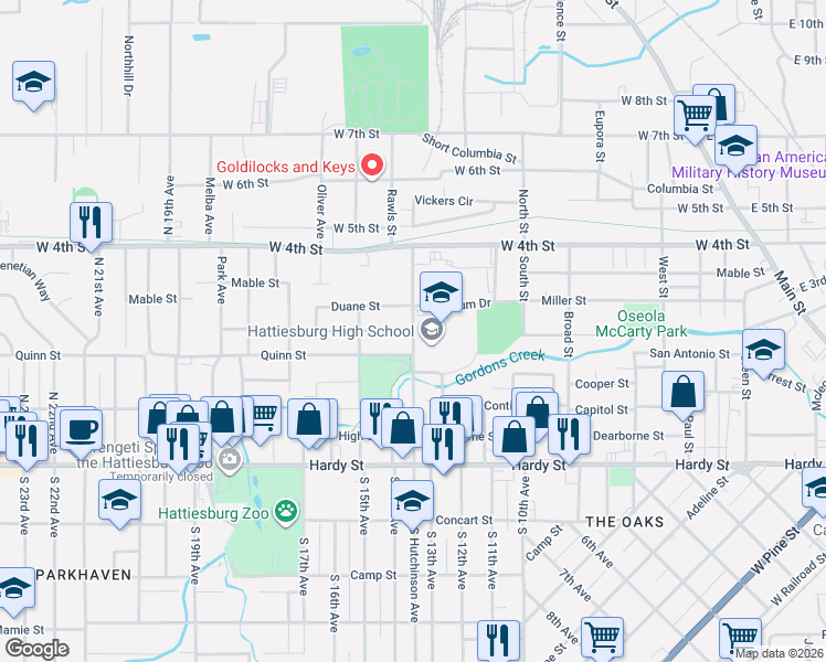 map of restaurants, bars, coffee shops, grocery stores, and more near 501 North Hutchinson Avenue in Hattiesburg