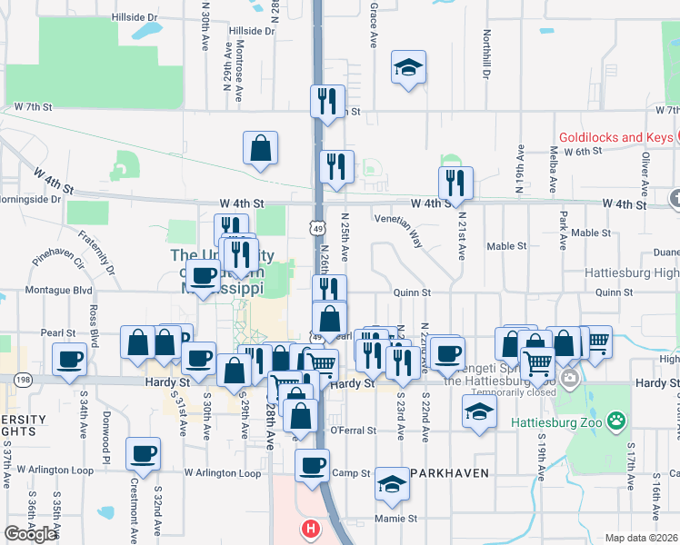 map of restaurants, bars, coffee shops, grocery stores, and more near 310 North 25th Avenue in Hattiesburg