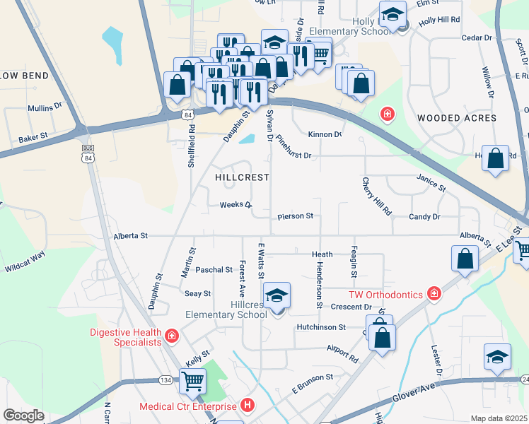 map of restaurants, bars, coffee shops, grocery stores, and more near 201 Sylvan Drive in Enterprise