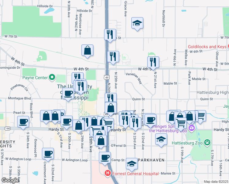 map of restaurants, bars, coffee shops, grocery stores, and more near 306 North 25th Avenue in Hattiesburg