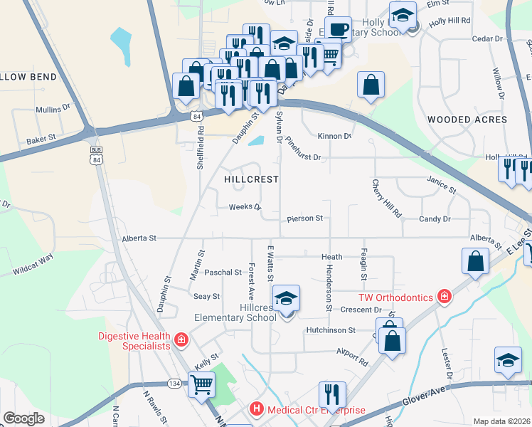 map of restaurants, bars, coffee shops, grocery stores, and more near 229 Weeks Drive in Enterprise