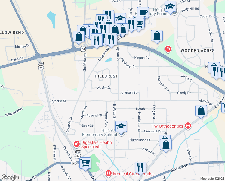 map of restaurants, bars, coffee shops, grocery stores, and more near 201 Sylvan Drive in Enterprise