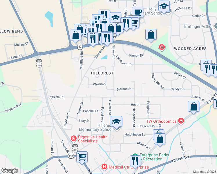 map of restaurants, bars, coffee shops, grocery stores, and more near 201 Sylvan Drive in Enterprise