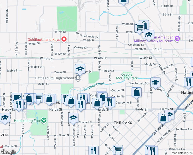map of restaurants, bars, coffee shops, grocery stores, and more near 301 North Hutchinson Avenue in Hattiesburg