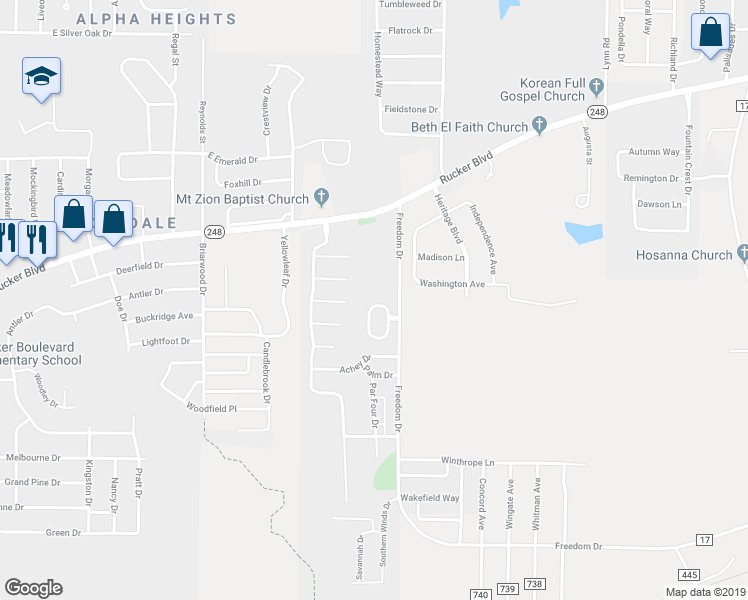 map of restaurants, bars, coffee shops, grocery stores, and more near 24 Courtyard Way in Enterprise