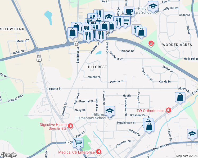 map of restaurants, bars, coffee shops, grocery stores, and more near 114 Weeks Drive in Enterprise