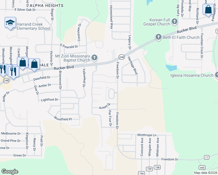 map of restaurants, bars, coffee shops, grocery stores, and more near 24 Courtyard Way in Enterprise