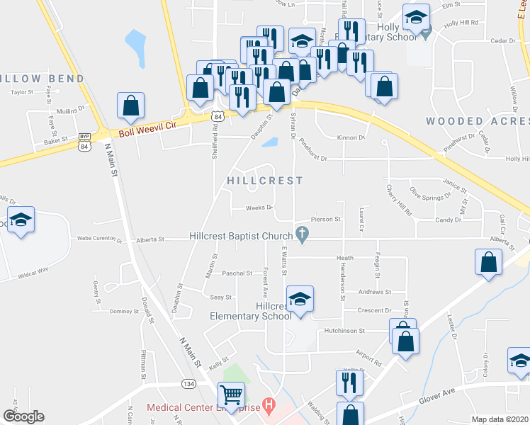 map of restaurants, bars, coffee shops, grocery stores, and more near 112 Weeks Drive in Enterprise