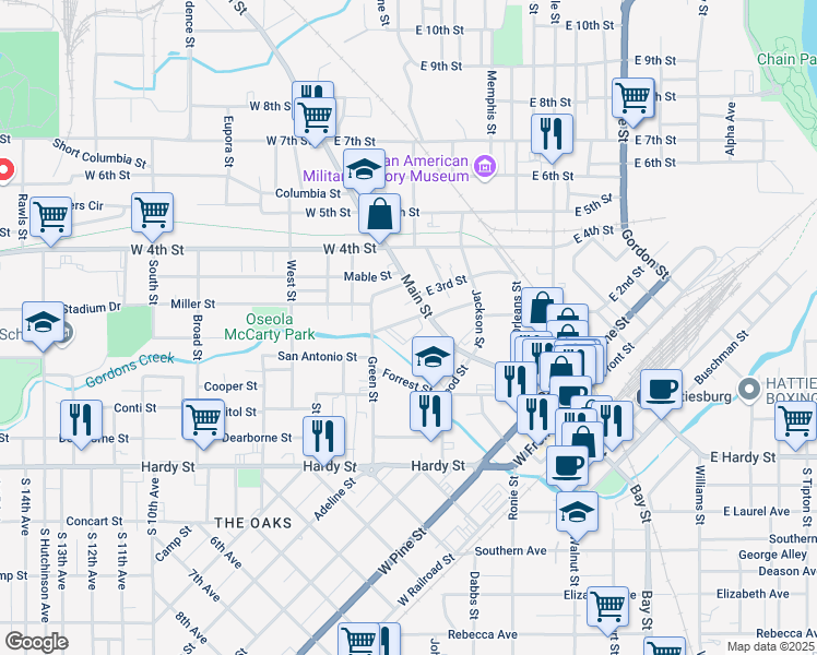 map of restaurants, bars, coffee shops, grocery stores, and more near 840 Main Street in Hattiesburg