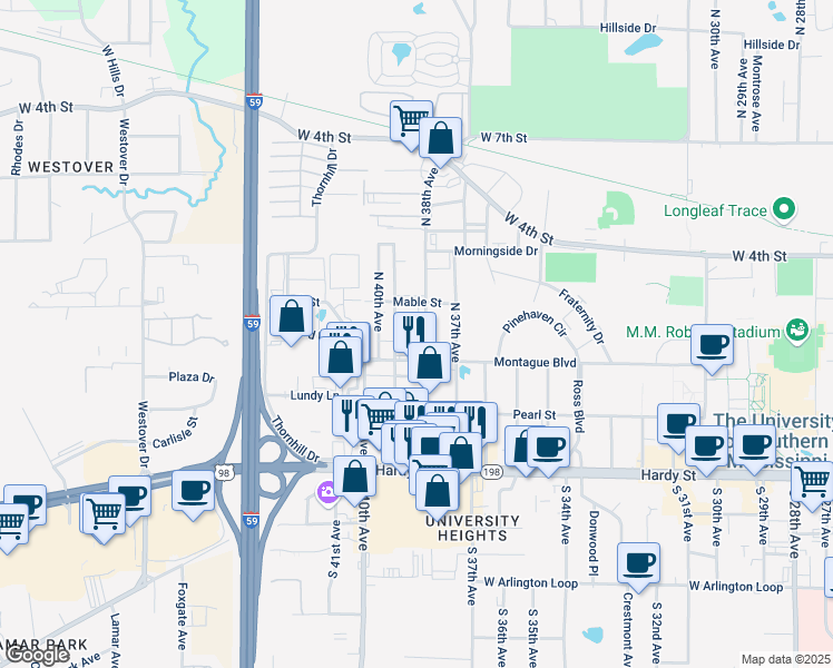 map of restaurants, bars, coffee shops, grocery stores, and more near 300 North 38th Avenue in Hattiesburg