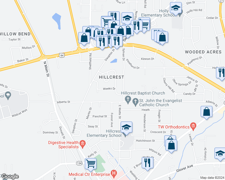 map of restaurants, bars, coffee shops, grocery stores, and more near 112 Weeks Drive in Enterprise