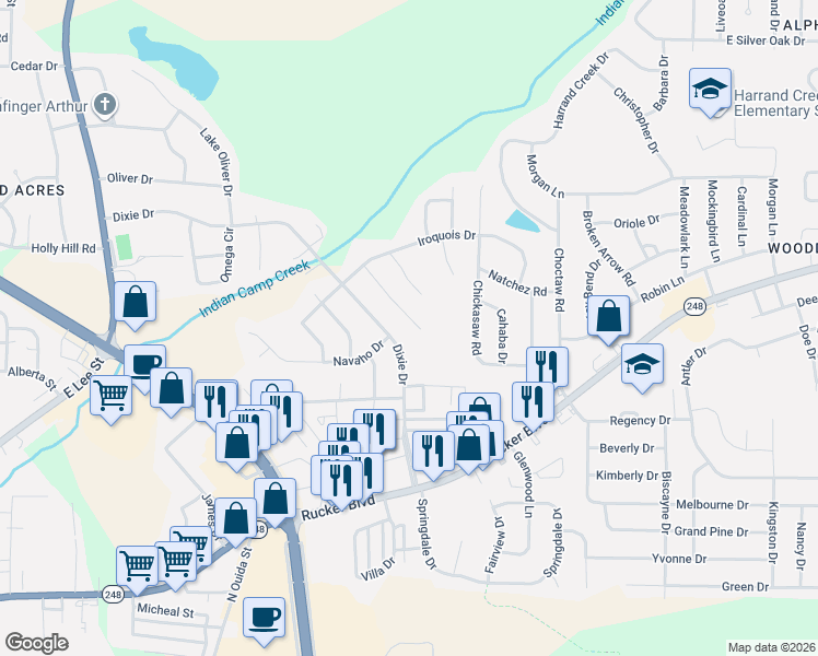 map of restaurants, bars, coffee shops, grocery stores, and more near 310 Dixie Drive in Enterprise