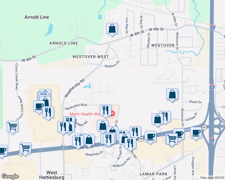 map of restaurants, bars, coffee shops, grocery stores, and more near 119-149 Cottage Dr in Hattiesburg
