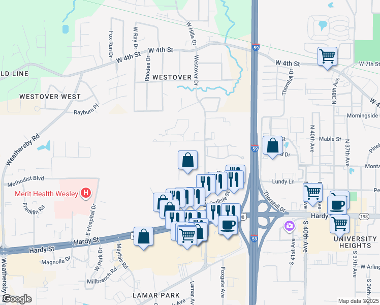 map of restaurants, bars, coffee shops, grocery stores, and more near 29 Park Pl in Hattiesburg