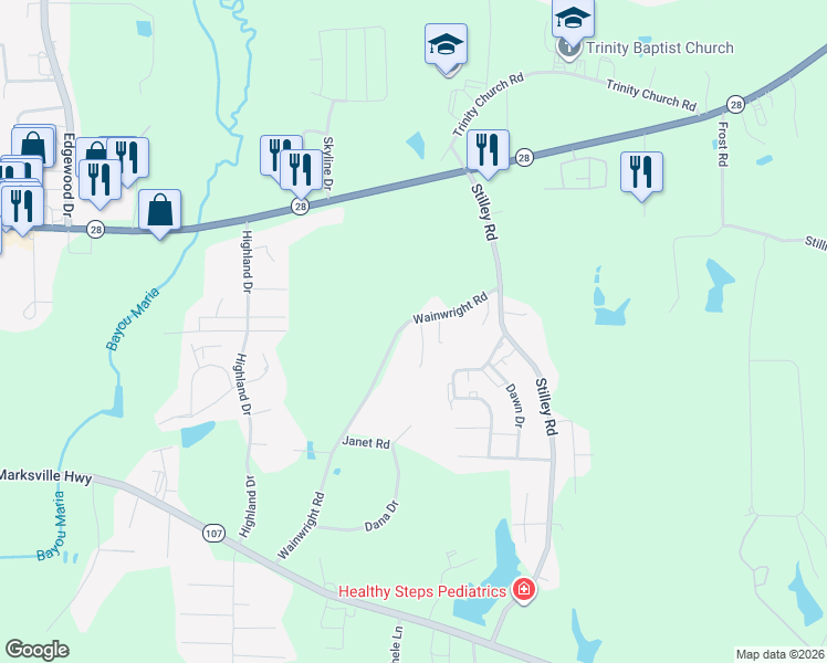 map of restaurants, bars, coffee shops, grocery stores, and more near 280 Wainwright Road in Pineville