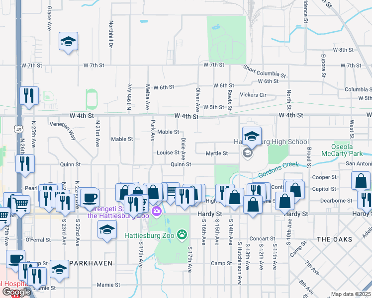 map of restaurants, bars, coffee shops, grocery stores, and more near 307 Dixie Ave in Hattiesburg