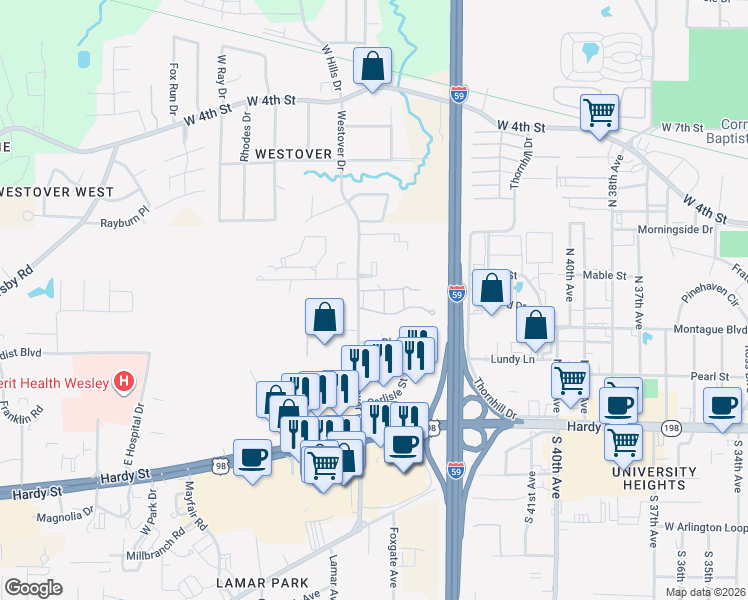 map of restaurants, bars, coffee shops, grocery stores, and more near 216 Westover Drive in Hattiesburg