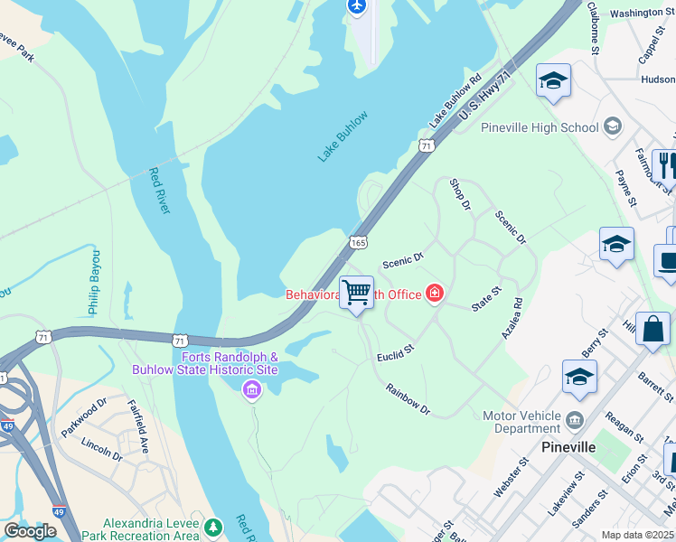 map of restaurants, bars, coffee shops, grocery stores, and more near U.S. 165 in Pineville