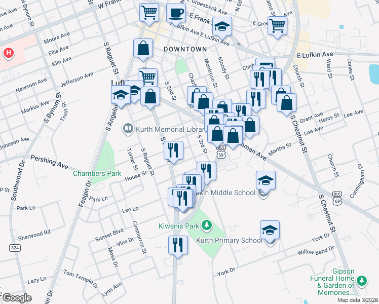 map of restaurants, bars, coffee shops, grocery stores, and more near 916 South 2nd Street in Lufkin