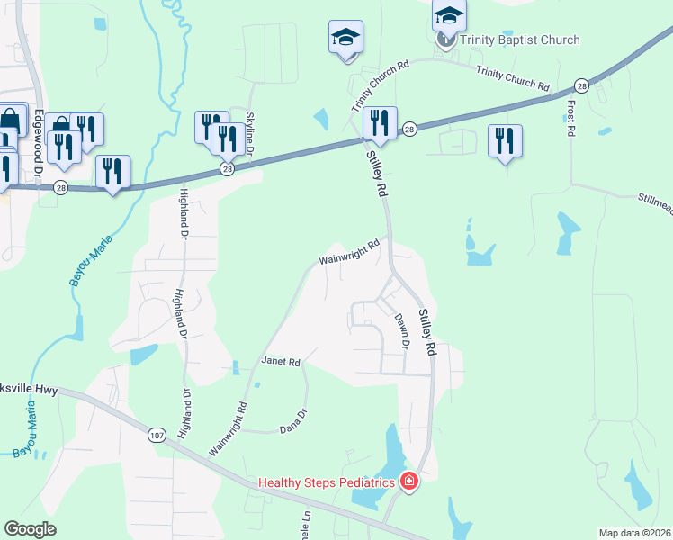 map of restaurants, bars, coffee shops, grocery stores, and more near 229 Kala Dr in Pineville