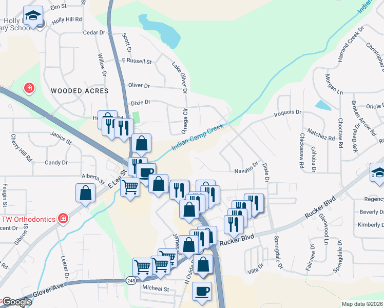 map of restaurants, bars, coffee shops, grocery stores, and more near 503 Navaho Drive in Enterprise