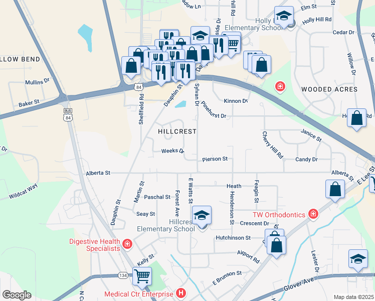 map of restaurants, bars, coffee shops, grocery stores, and more near 201 Sylvan Drive in Enterprise