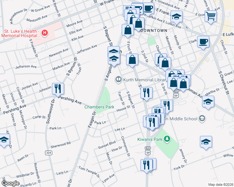map of restaurants, bars, coffee shops, grocery stores, and more near 414 Pershing Avenue in Lufkin