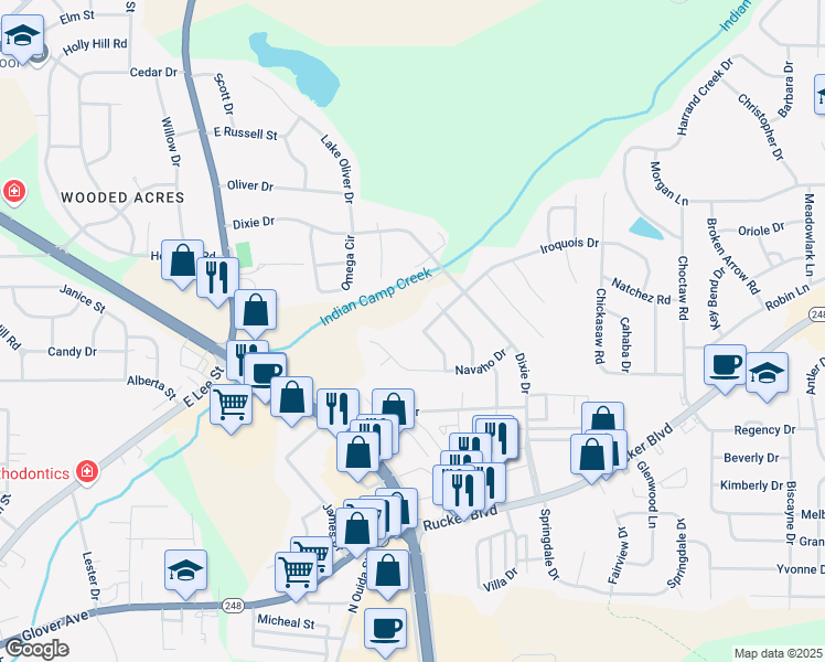 map of restaurants, bars, coffee shops, grocery stores, and more near 204 Allegheny Lane in Enterprise