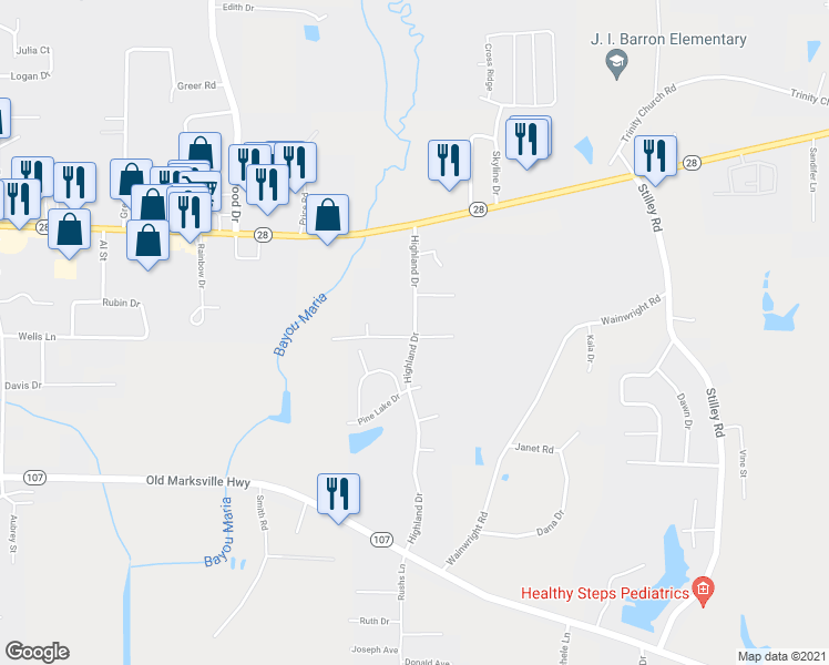 map of restaurants, bars, coffee shops, grocery stores, and more near 422 Highland Drive in Pineville