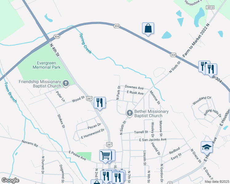 map of restaurants, bars, coffee shops, grocery stores, and more near 608 Spring in Crockett