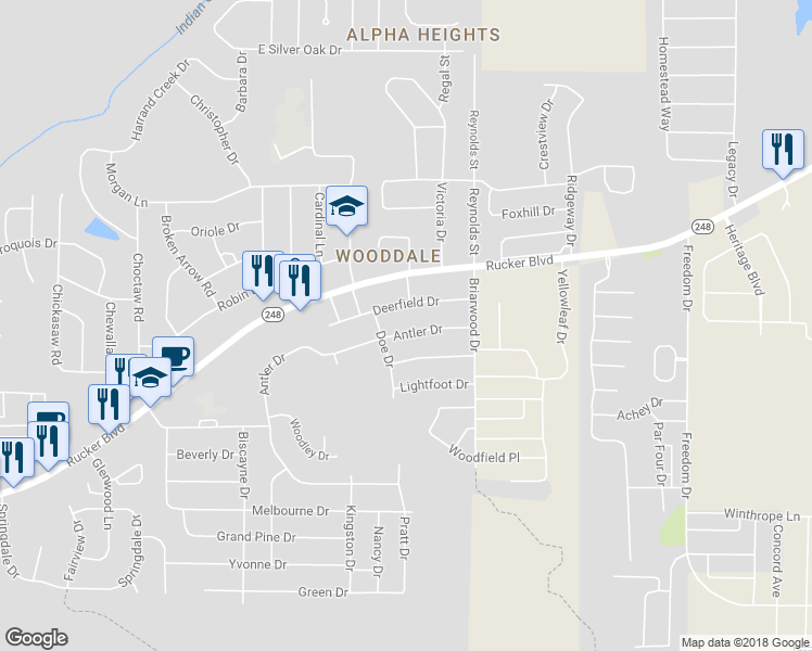 map of restaurants, bars, coffee shops, grocery stores, and more near 114 Antler Drive in Enterprise