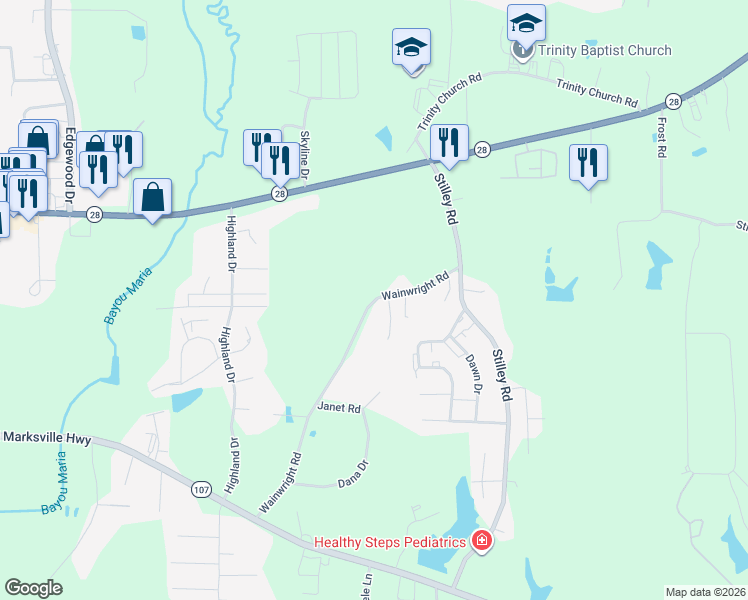map of restaurants, bars, coffee shops, grocery stores, and more near 280 Wainwright Road in Pineville