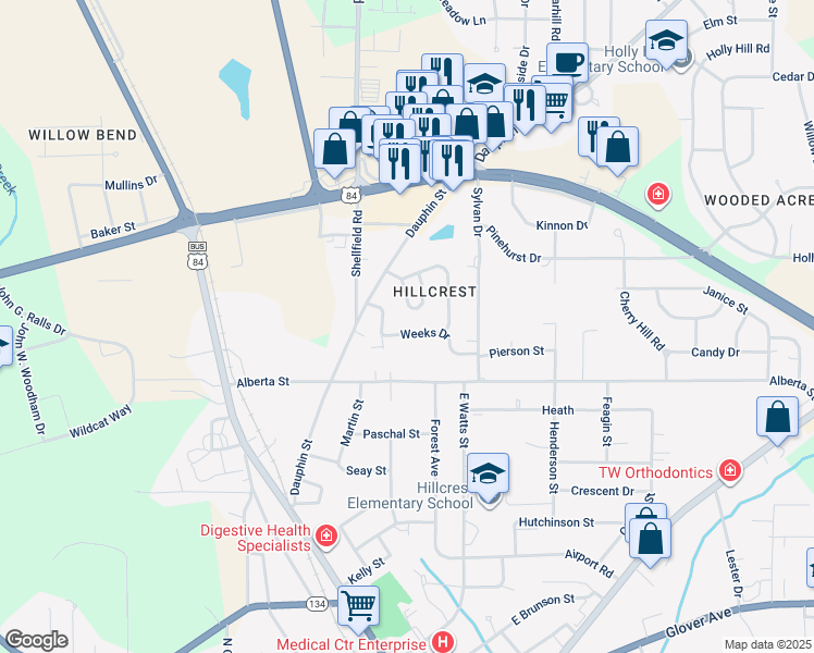 map of restaurants, bars, coffee shops, grocery stores, and more near 105 Weeks Drive in Enterprise