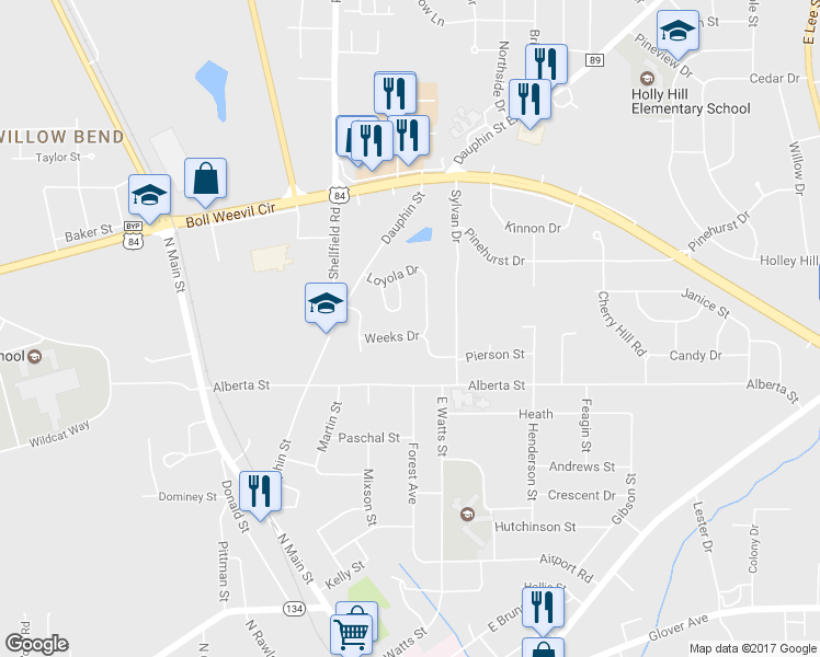 map of restaurants, bars, coffee shops, grocery stores, and more near 111 Weeks Drive in Enterprise