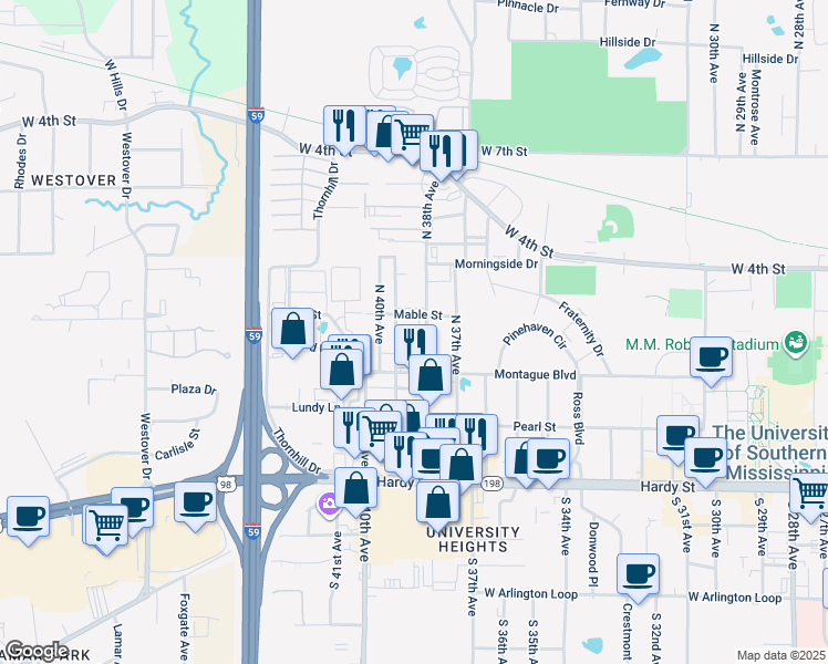 map of restaurants, bars, coffee shops, grocery stores, and more near 400 North 38th Avenue in Hattiesburg