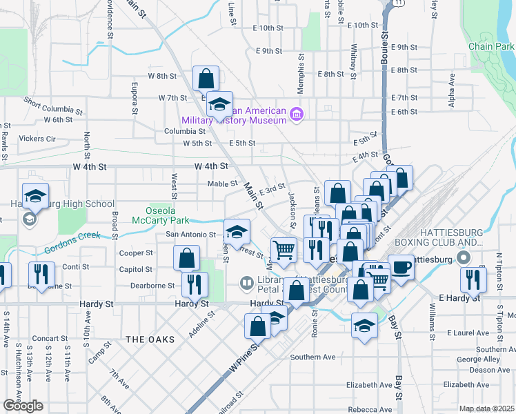 map of restaurants, bars, coffee shops, grocery stores, and more near 846 Main Street in Hattiesburg
