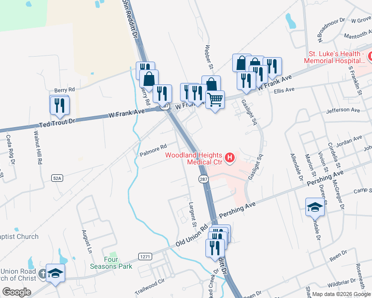 map of restaurants, bars, coffee shops, grocery stores, and more near 300 South John Redditt Drive in Lufkin
