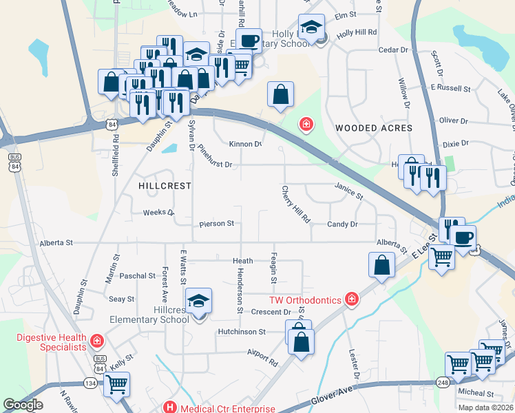 map of restaurants, bars, coffee shops, grocery stores, and more near 111 Laurel Circle in Enterprise