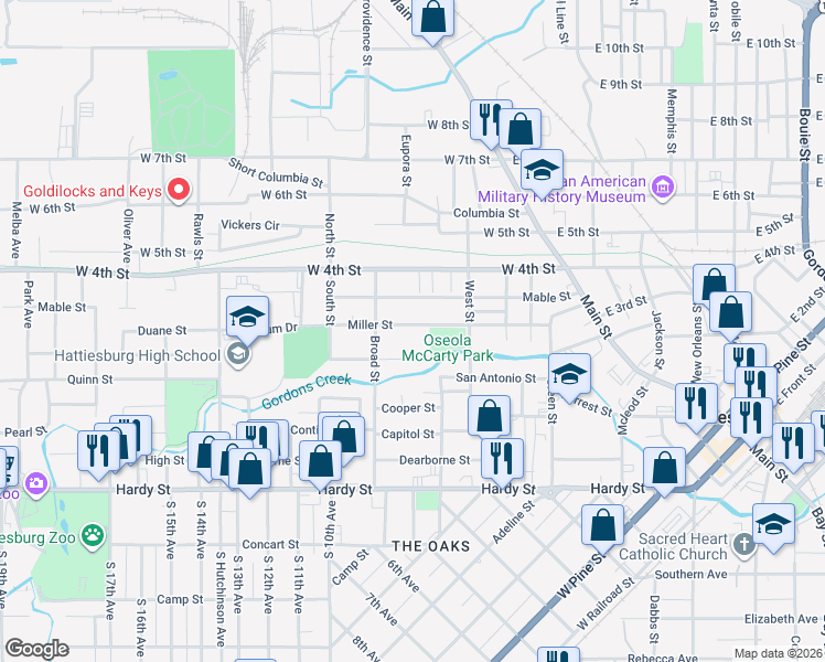 map of restaurants, bars, coffee shops, grocery stores, and more near 515 Miller Street in Hattiesburg